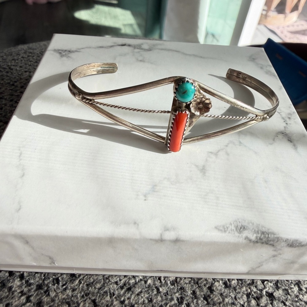 Navajo Turquoise and Coral Sterling Silver Cuff - Picture 2 of 4
